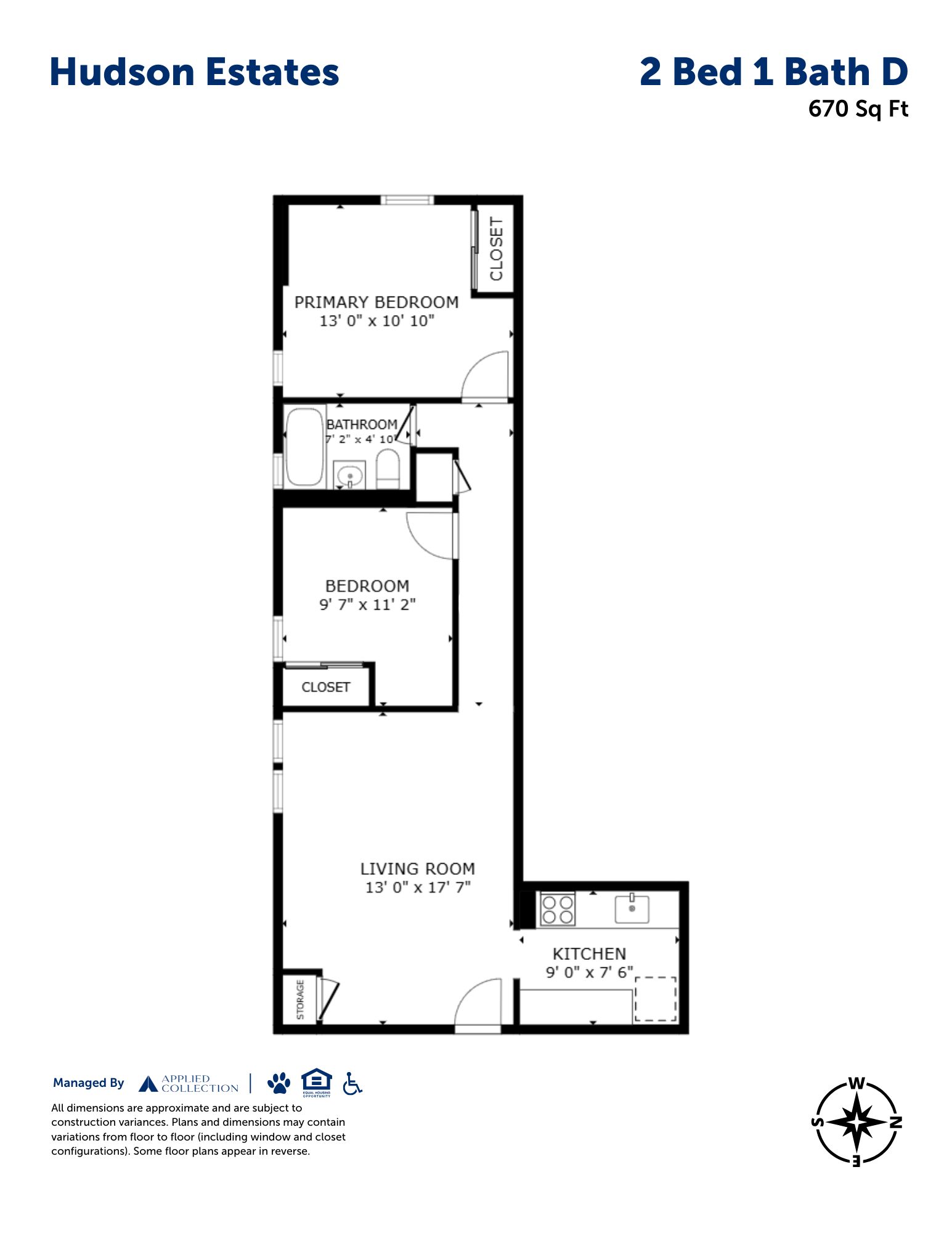 Floor plan for 2 beds, 1 bath, 670 sqft